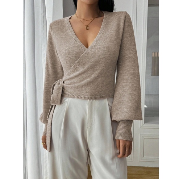 Khaki Wrap Knit Cardigan Long Sleeve Side Tie - Picture 6 of 8